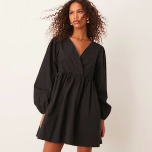ASOS DESIGN cotton v-neck mini smock dress in black